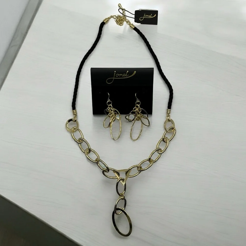 Vintage 90s Jonee Necklace and Earring Set Gold Tone Statement Dangle Black Rope
